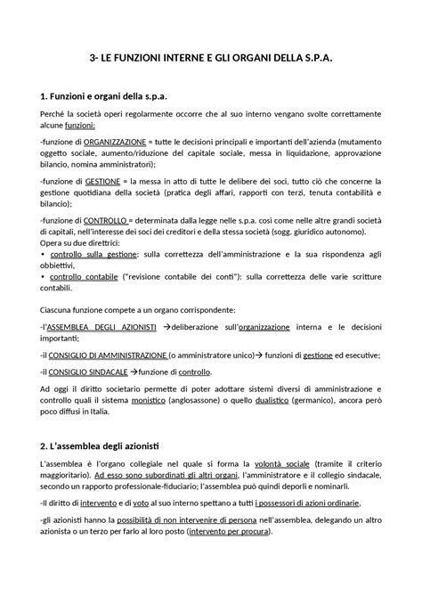 Le Funzioni Interne E Gli Organi Della S P A Dispense Di Diritto Ed