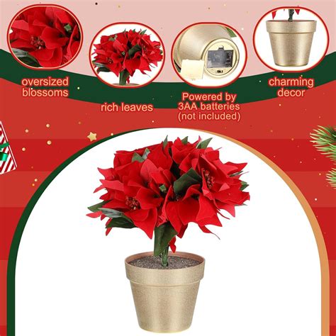 Yilloog Potted Pre Lit Artificial Poinsettia Plant Arrangement Led