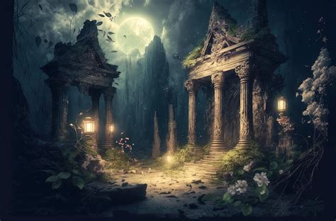 Templo de fantasía en el bosque tropical por la noche ruinas de