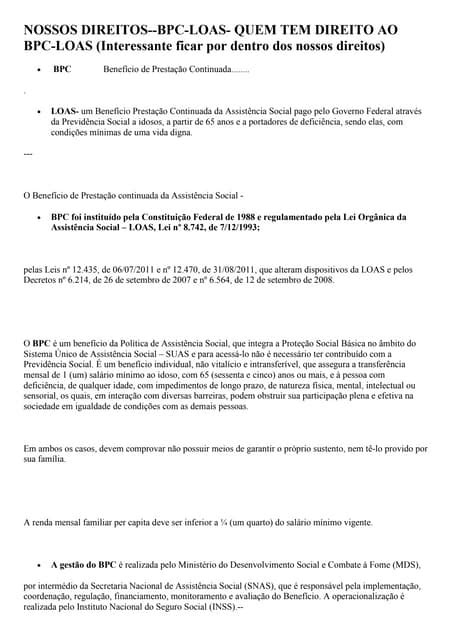 Nossos Direitos Bpc Loas Quem Tem Direito Ao Bpc Loas Pdf