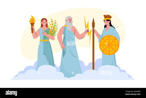 Greek Gods Concept Zeus With Lightning And Spear In Clouds Near Women