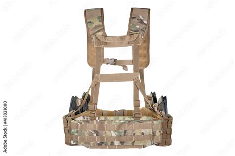 Army equipment on white background. Straps jacket, Modern army combat gear ammunition. Military ...