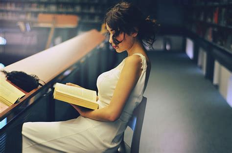 Women Model Brunette Glasses Sitting White Dress Graphy Books