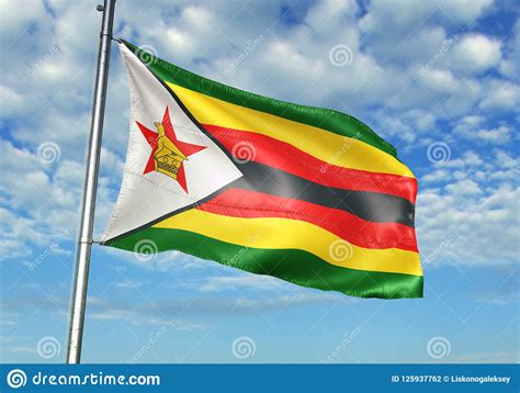 Bandera De Zimbabwe Que Agita Con El Cielo En El Ejemplo Realista 3d Del Fondo Stock De