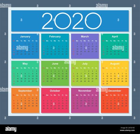 Colorido Calendario para el año 2020 La semana comienza en domingo