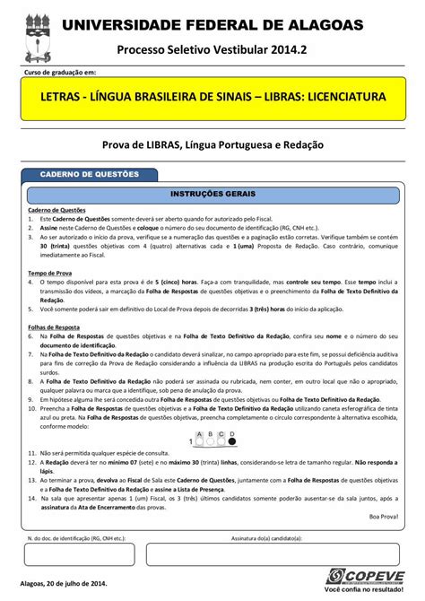 PDF Prova de LIBRAS Língua Portuguesa e Redação Seletivo UFAL 2014 2