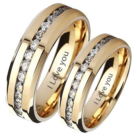 His And Hers Matching Gold Tone I Love You Wedding Couple Rings Set