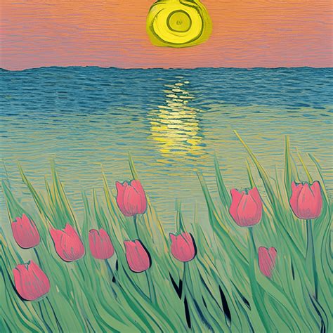 Pink Tulips Near The Beach At Sunset Van Gogh Style Illustration · Creative Fabrica