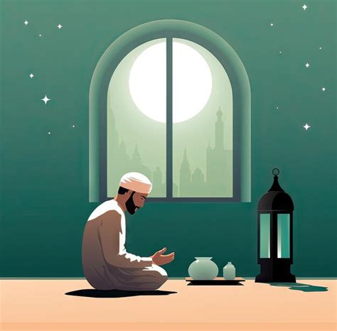 Premium AI Image | Ramadan illustration of a muslim praying at night in a room at home