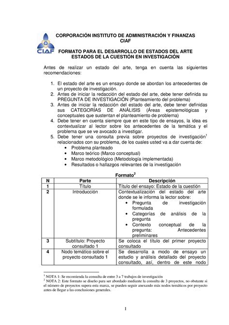 Estado Del Arte Formato Para Realizar Corporaci N Instituto De