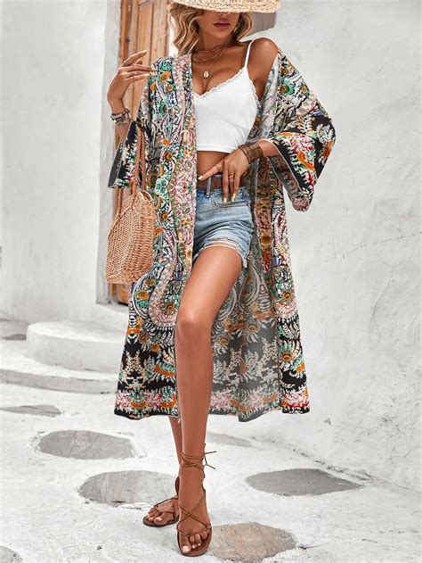 Shein Swim Bohofeel Paisley Print Open Front Kimono Shein Uk