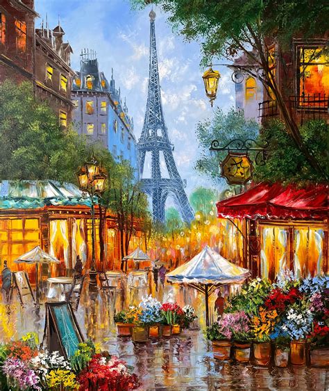 Colorful paris street scene art eiffel tower at night painting city ...