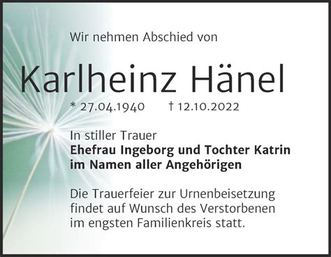 Traueranzeigen von Karlheinz Hänel abschied nehmen de