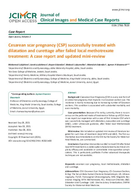 Pdf Cesarean Scar Pregnancy Csp Successfully Treated With