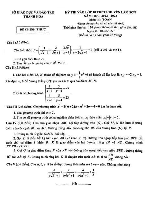 Đề Thi Toán Vào 10 Chuyên Lam Sơn Thanh Hóa 2022 2023 NGỌC HIẾN ACADEMY