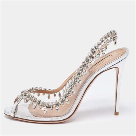 Aquazzura Silver Leather And PVC Crystal Embellished Temptation Sandals