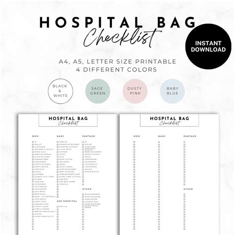 Hospital Bag Checklist Printable Birth Bag Packing List