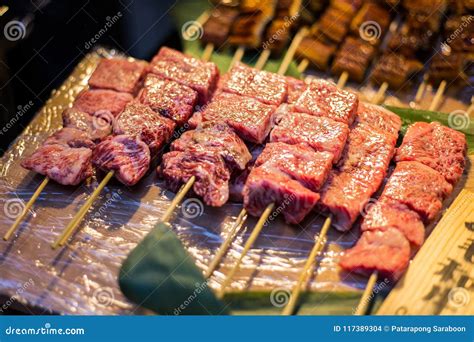 Raw Beef Fresh Japanese Wagyu Beef For Barbecue At Street Food Stock