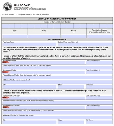 Indiana Bill Of Sale Form