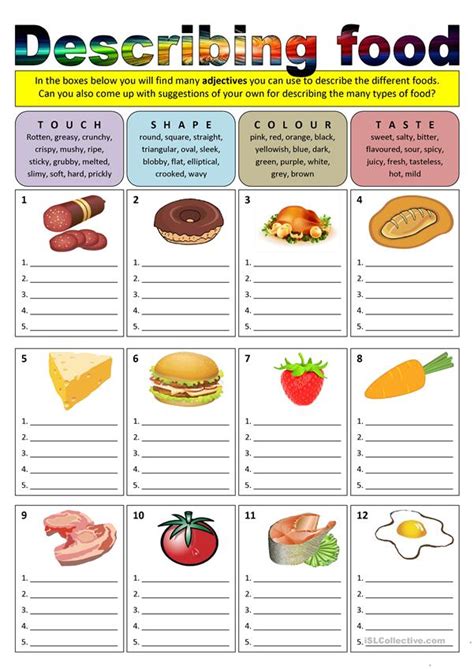 Describing food (adjectives) | Food tech, Adjective worksheet, Food ...