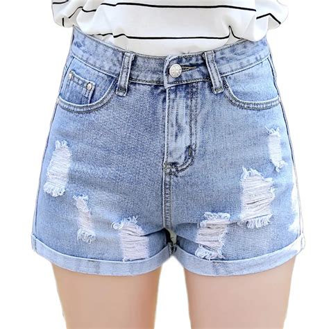 Summer Fashion Holes Denim Short Women High Waist A Line Slim Wide Leg