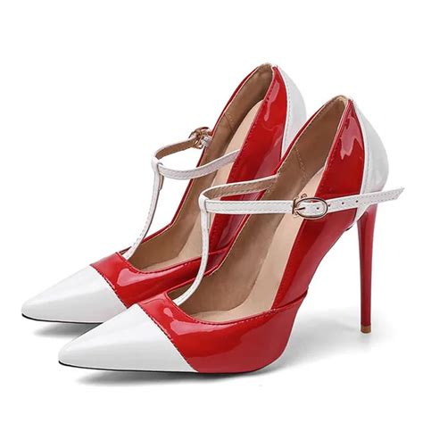 Lib Pointed Toe Stiletto Heels Buckle T Straps Mary Janes Pumps Red