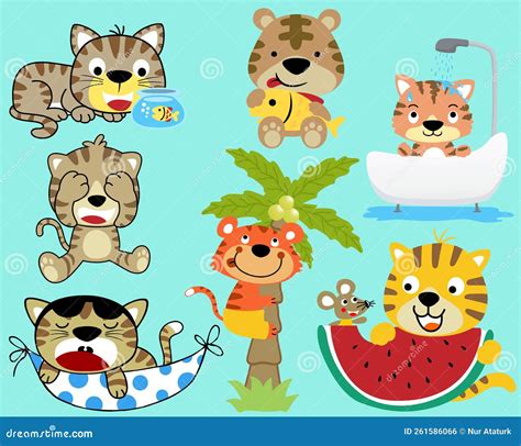 Vector Set Of Funny Cat Cartoon In Different Activities Stock Vector