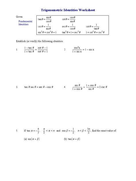 Free Fundamental Trig Identities Worksheet Download Free Fundamental