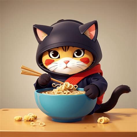 El Lindo Ninja Gato Comiendo Fideos De Ramen Icona De Dibujos Animados