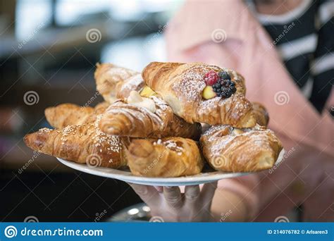 Freshly Baked Croissants On A Plate With Different Fillings Stock Photo