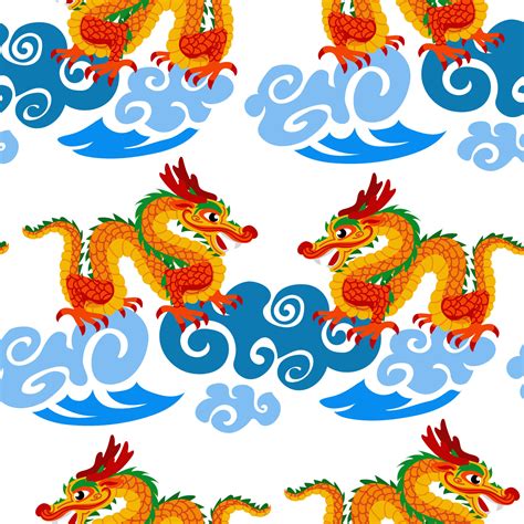 Vector seamless pattern with orange Chinese dragons on clouds. Hand-drawn. Abstract art print ...