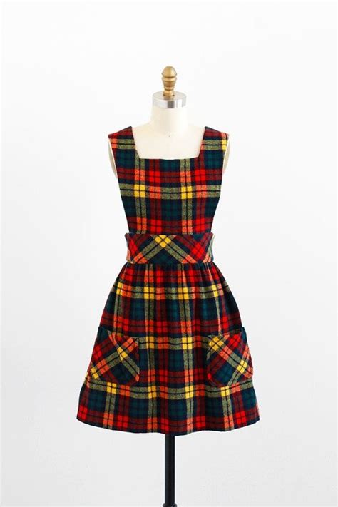 Vintage 1960s Dress 60s Dress Plaid Schoolgirl Jumper With Pockets