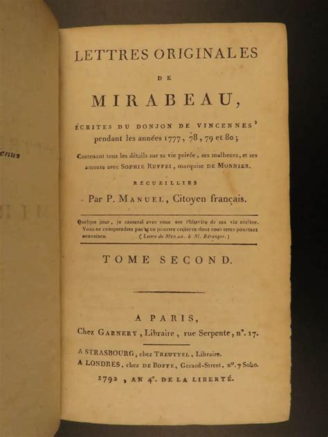 Lettres Originales De Mirabeau Ecrites Du Donjon De Vincennes Pendant