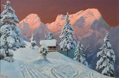 Lot Alois Arnegger Austrian 1879 1963 Winter Alpine Sunset Oil