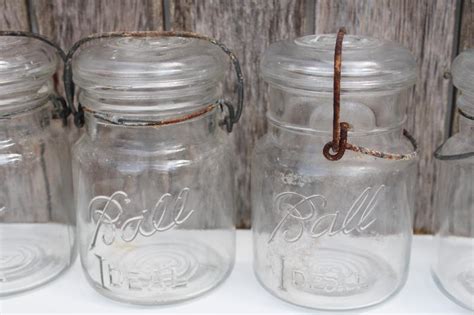 Antique Vintage Ball Ideal Mason Clear Glass Jars W Wire Bail Lightning Lids