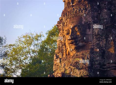 Cambodian Stone Face At Bayon Temple Located In Angkor Cambodia