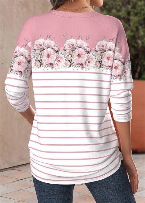 Pink Patchwork Floral Print Long Sleeve T Shirt Modlily USD 27 98