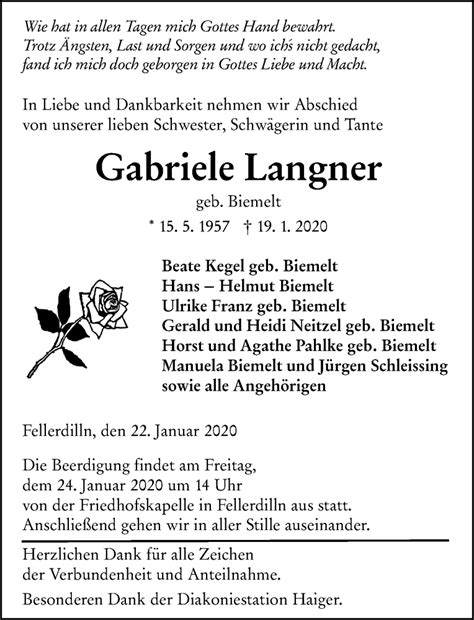 Traueranzeigen Von Gabriele Langner Vrm Trauer De