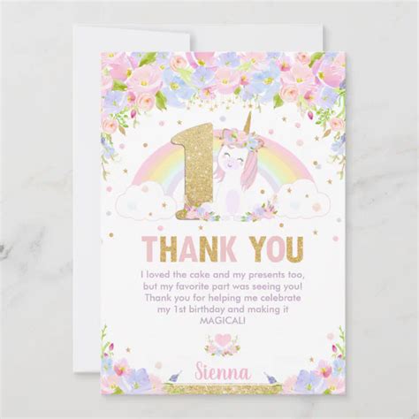 Cute Rainbow Unicorn 1st Birthday Party Thank You Card Zazzle