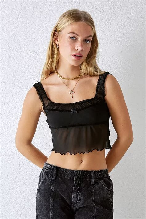 Uo Ruched Mesh Velour Cami Top Urban Outfitters Uk