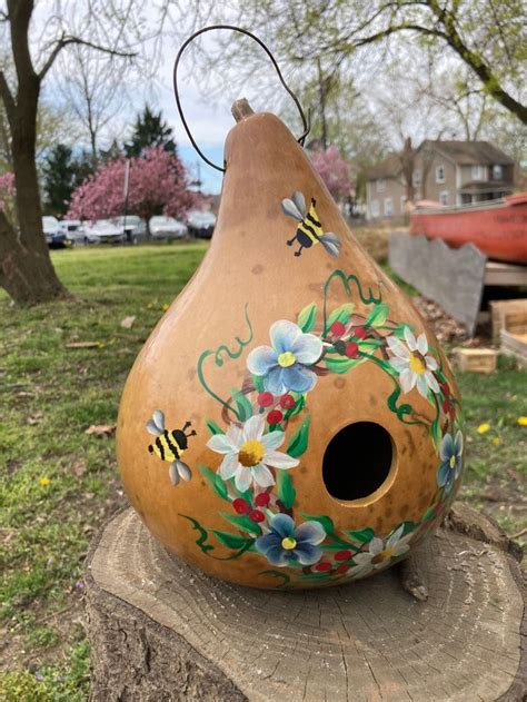 Natural Birdhouse Gourd Handpainted With Flowers And Bees Etsy In