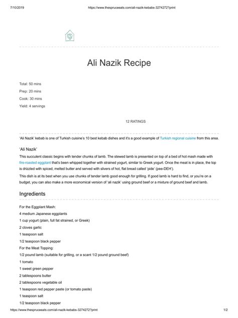 Ali Nazik Recipe: Ingredients | PDF | Kebab | Lamb And Mutton