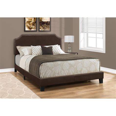 Bed Queen Size Dark Brown Leather Look With Brass Trim