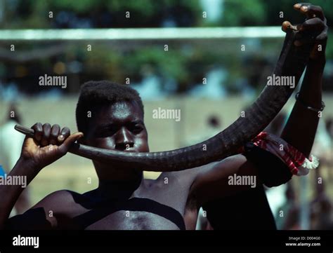 kENYA, Man using animal horn as musical instrument Stock Photo - Alamy