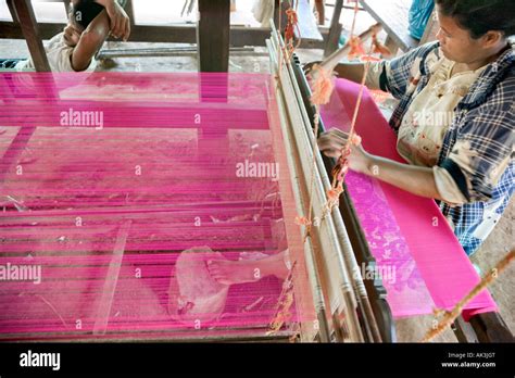 Woman Weaving Silk On A Hand Loom Mekong Island Phnom Penh Cambodia