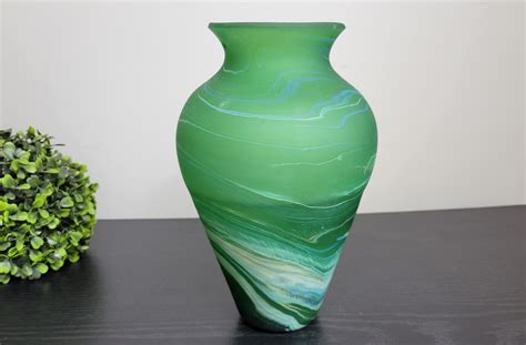 Green Phoenician Vase Swirls Of Turquoise Hand Blown Glass Etsy