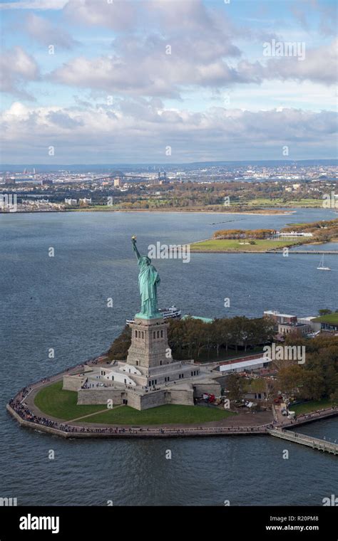 helicopter aerial view of The Statue of Liberty, New York City, USA ...