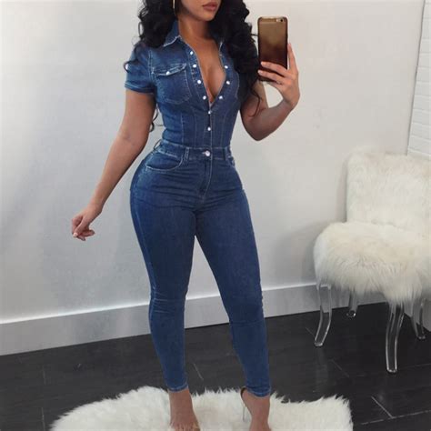 Riforla Womens Slim Short Sleeve Casual Denim Jumpsuit Womens