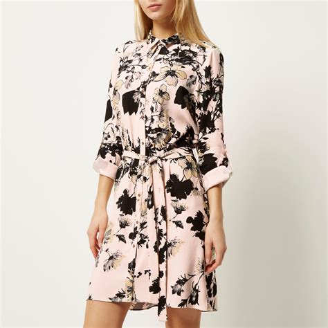 Lyst River Island Pink Floral Print Shirt Dress In Pink