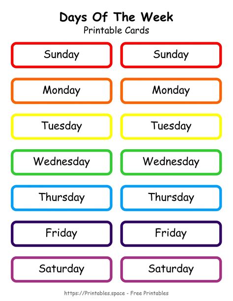 Printable Days Of The Week Cards